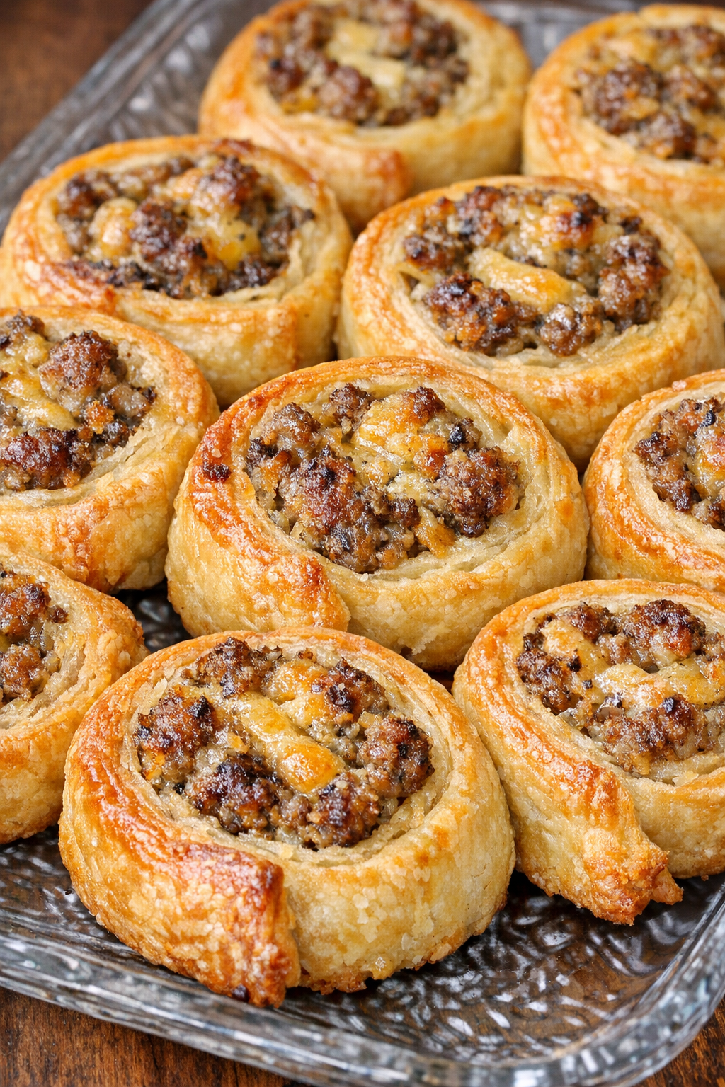 Southern sausage pinwheels on a glass serving tray