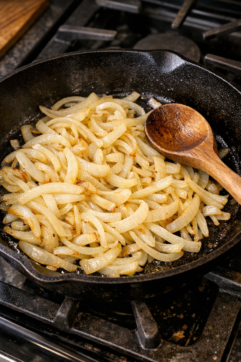 Sliced onions softening in a skillet