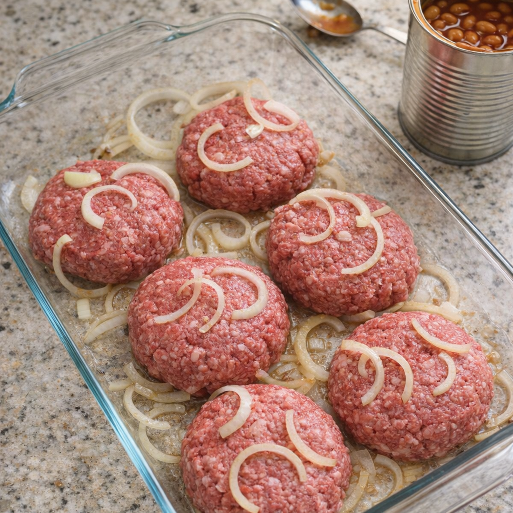 Raw beef patties and onions arranged in a baking dish