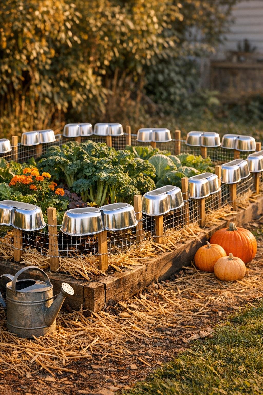 Finished aluminum loaf pan critter barrier around a fall garden bed