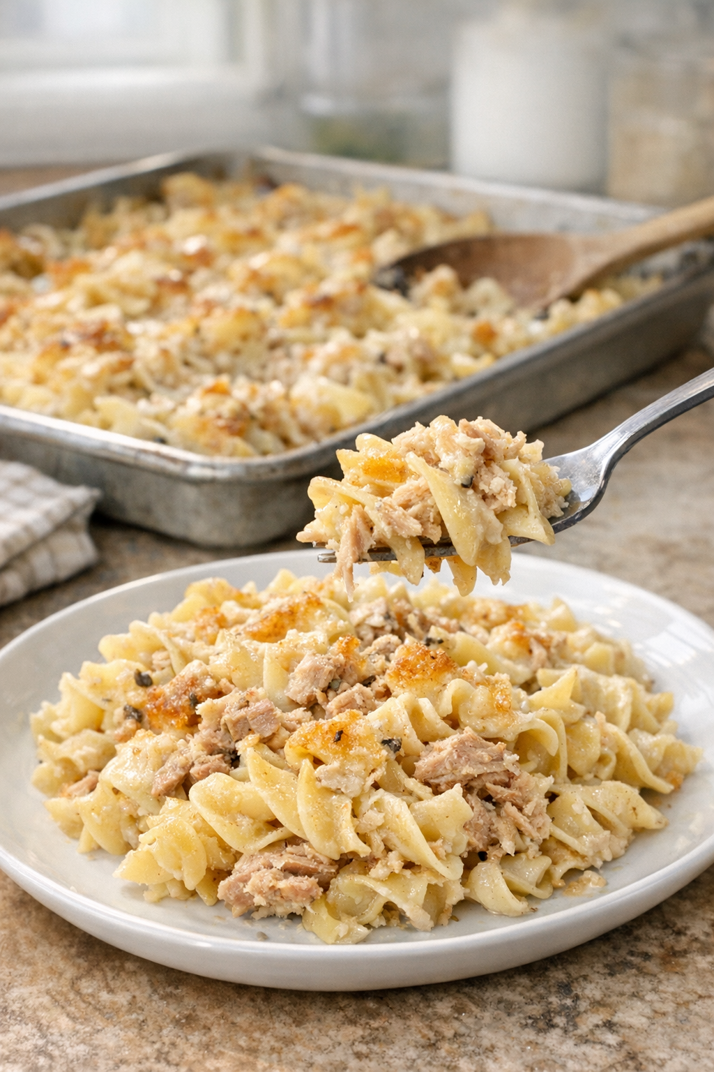 Finished baked tuna egg noodles on a plate