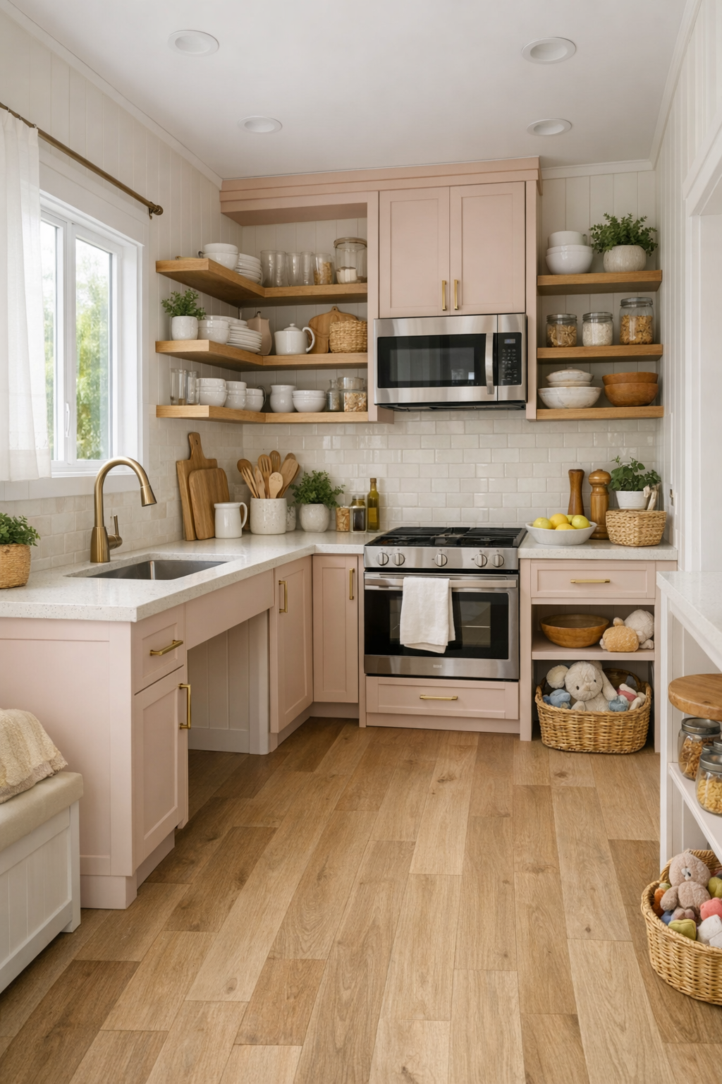 Blush accessible tiny home kitchen with quartz counters, wide pathways, and warm wood accents
