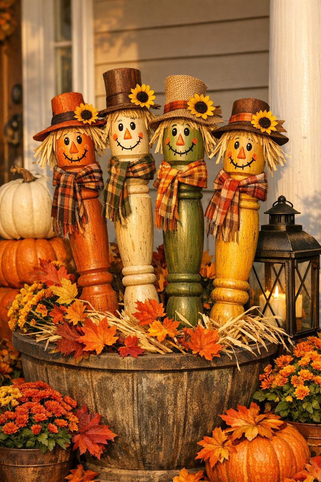 Finished scarecrow stakes made from painted wooden table legs displayed in a fall porch planter