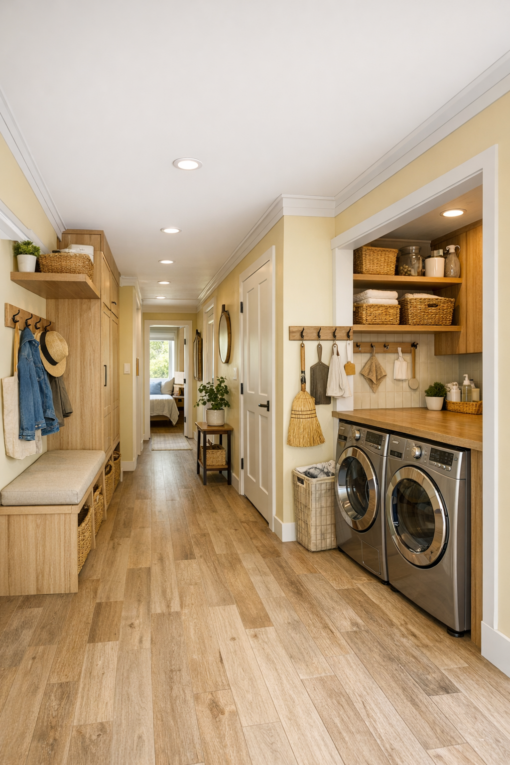 Bright hallway and utility nook with built-in storage and cohesive modern finishes