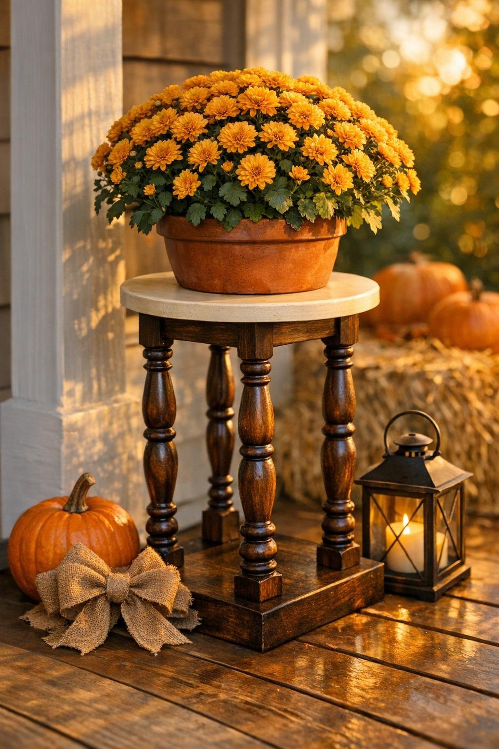 Finished autumn plant stand made from old chair spindles on a decorated porch