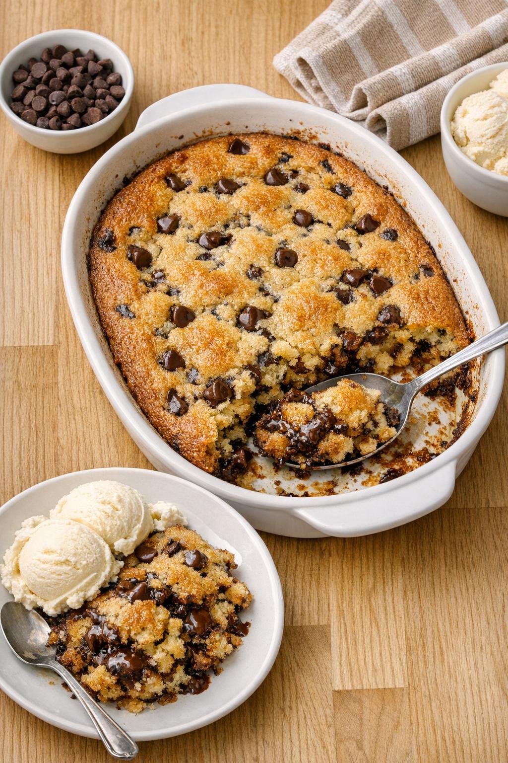 Finished baked chocolate chip muffin mix dessert in casserole dish