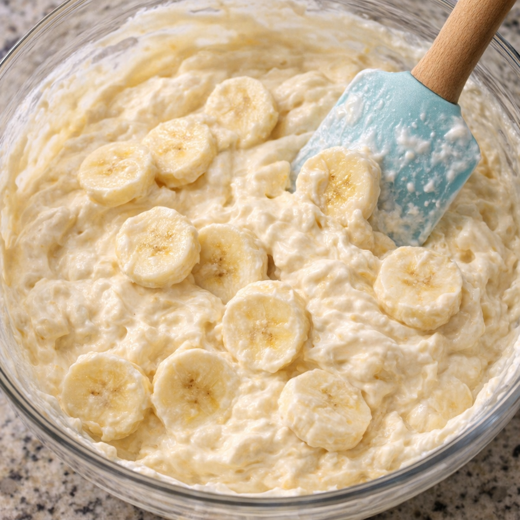 Banana slices folded into creamy pudding mixture