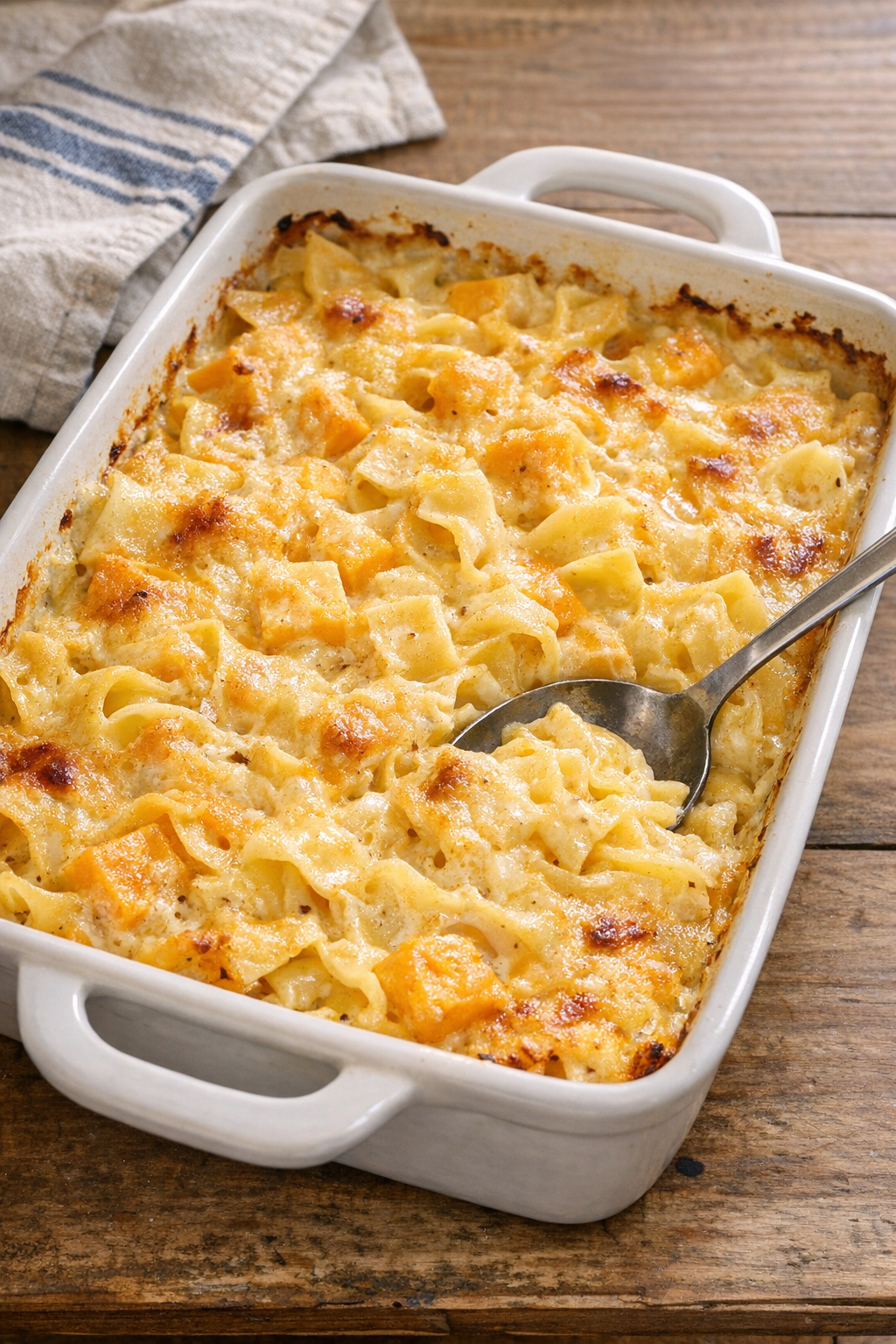 Finished baked Velveeta cheese noodles in a casserole dish