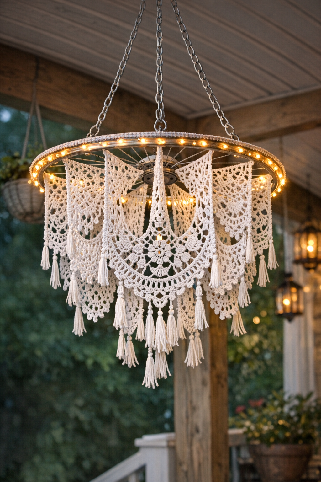 Finished crochet bicycle wheel outdoor chandelier hanging horizontally