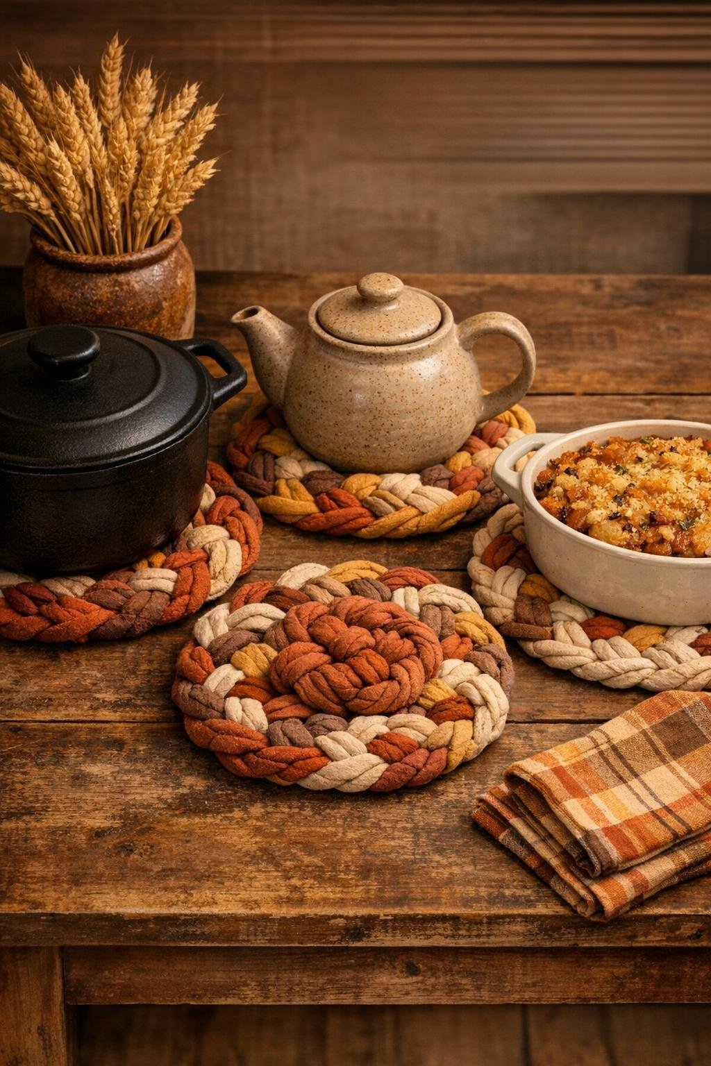 Three finished autumn knotted trivets made from old cotton bed sheets styled on a rustic dining table
