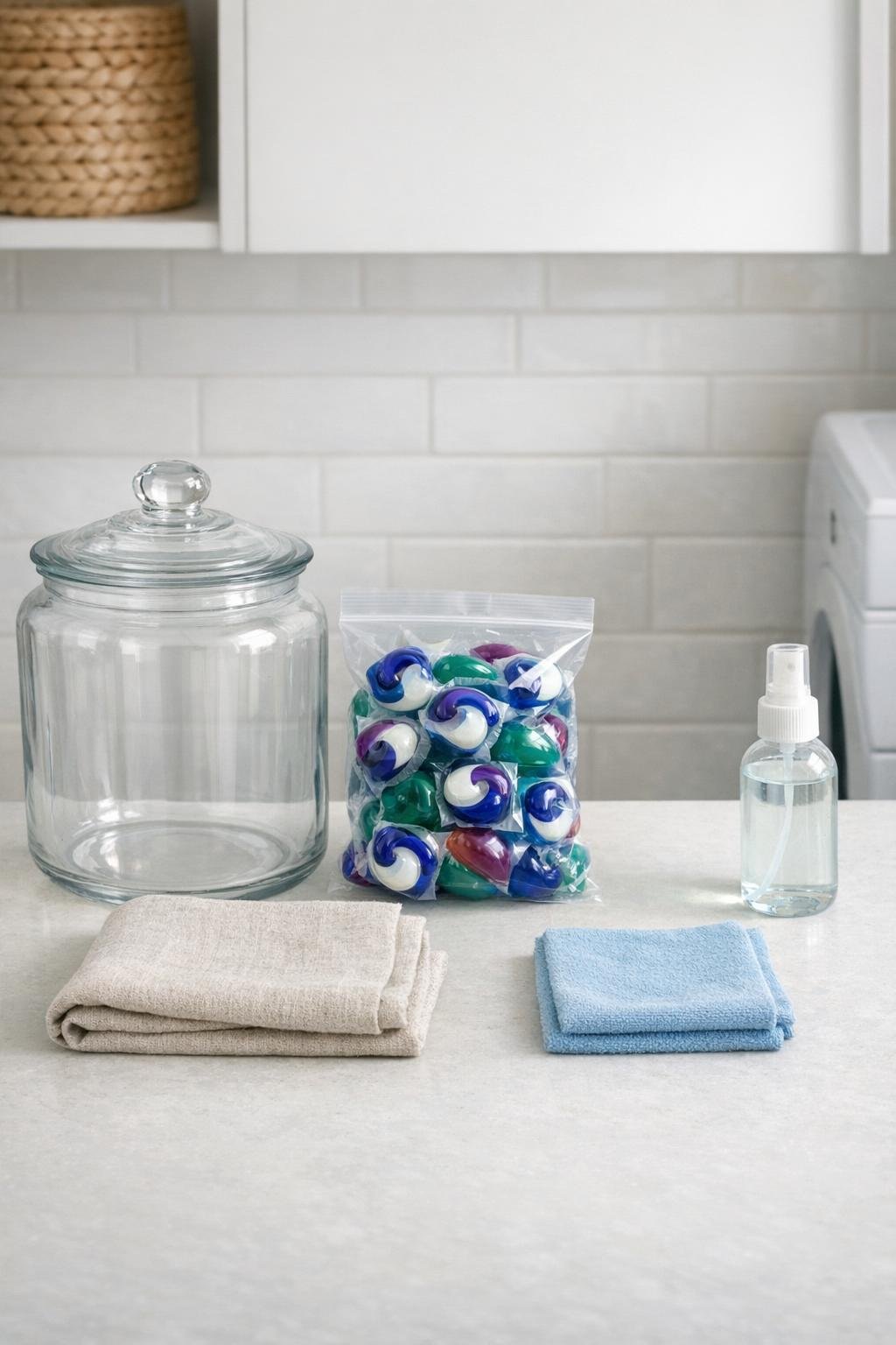 Materials for a glass jar laundry pod dispenser laid out neatly