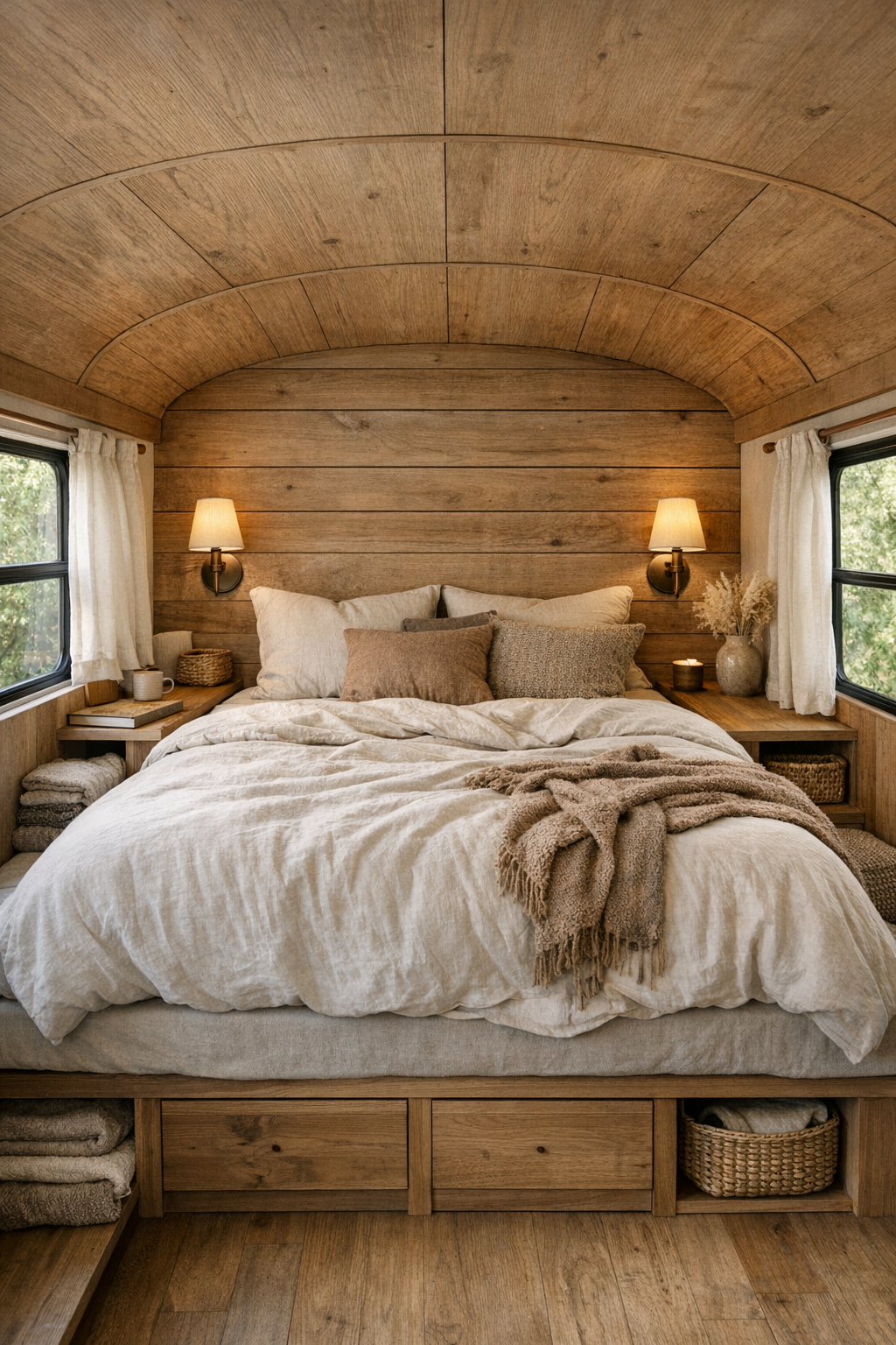 Cozy bedroom at the rear of a converted bus with a raised bed and soft neutral bedding