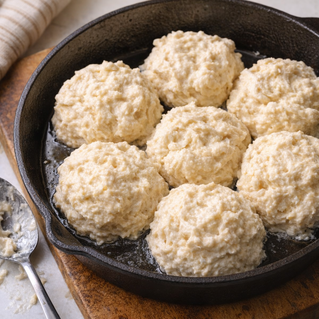 Biscuit dough scooped into a hot cast iron skillet