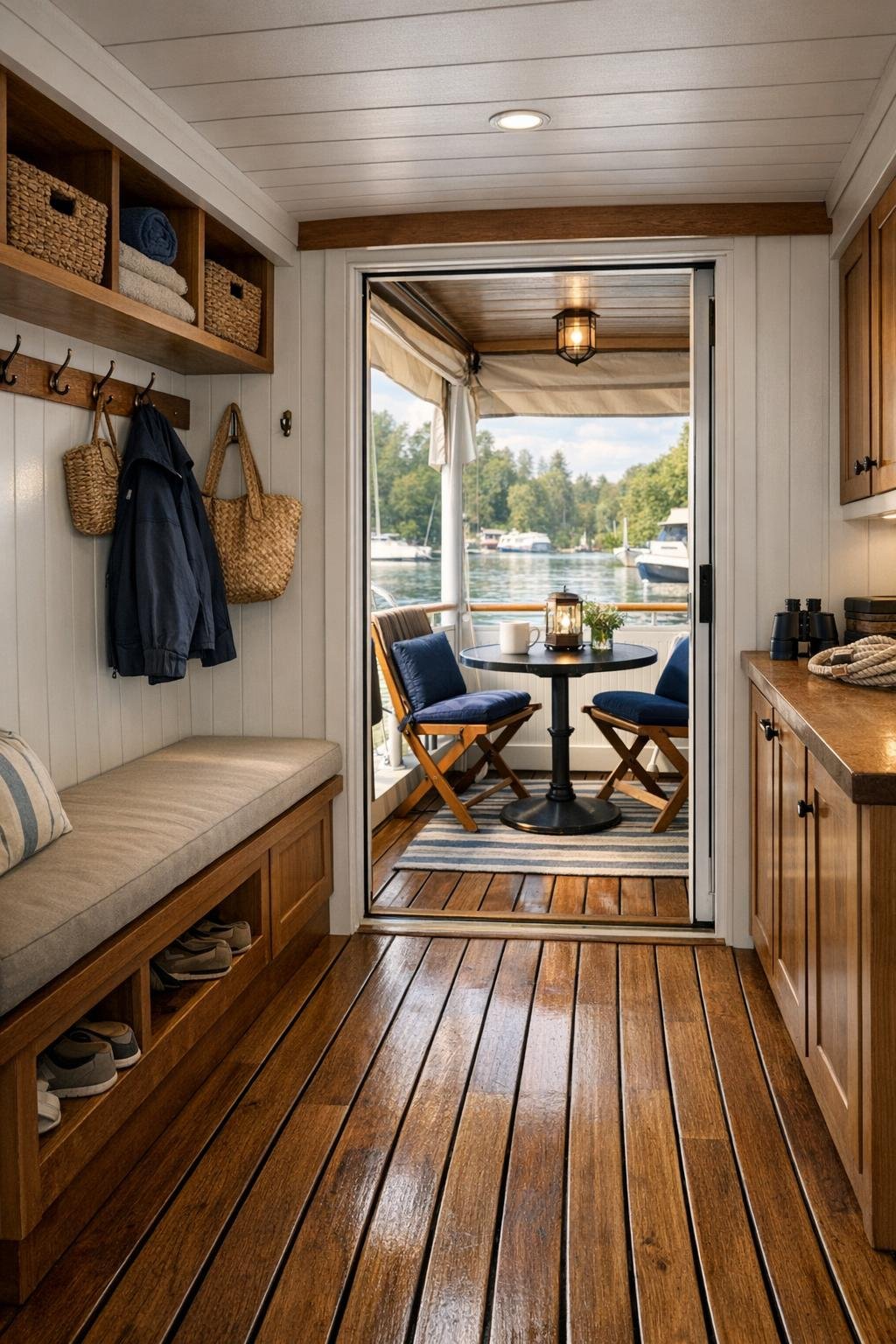 Houseboat corridor and rear deck area with built-in storage and bench