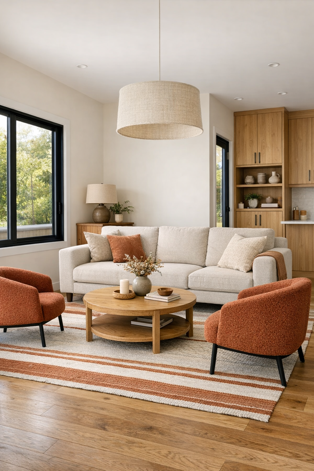 Warm peach container home living room with oak details and soft terracotta seating