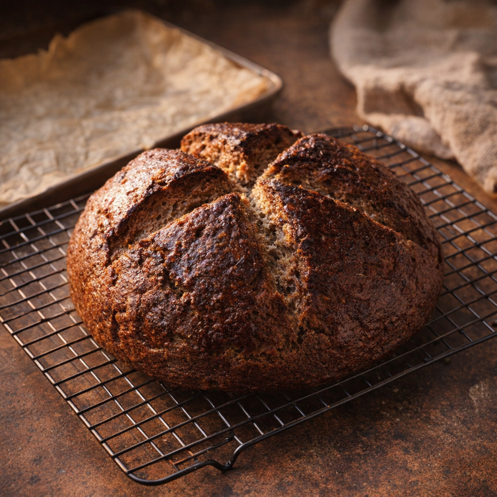 Dark mahogany soda bread loaf cooling on rack