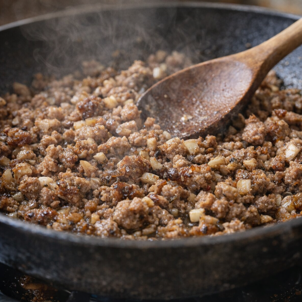 Sausage and mushroom stems browning in a skillet