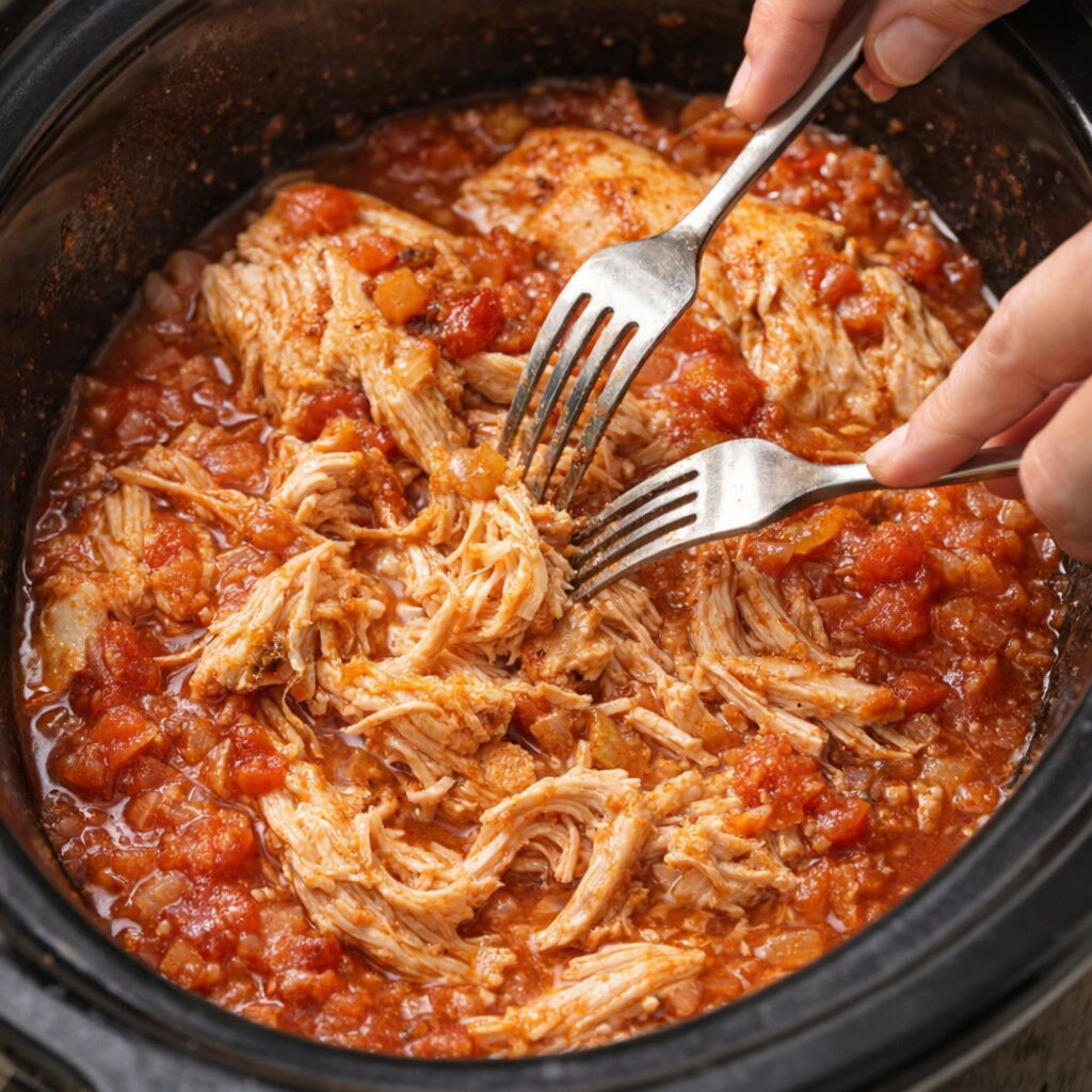 Chicken goulash being shredded in the slow cooker