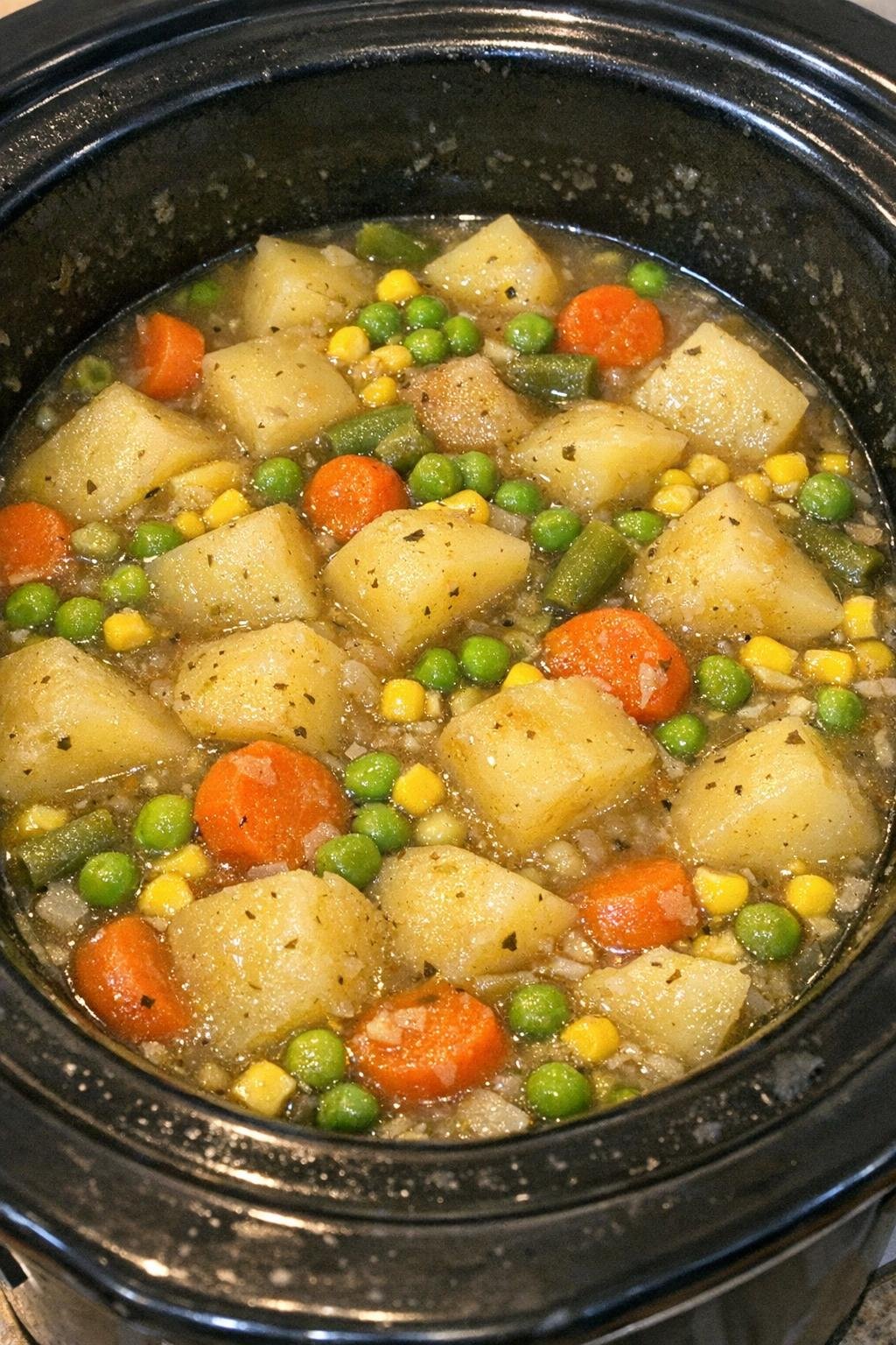 Stoofpot van aardappelen en gemengde groenten in een zwarte slowcooker