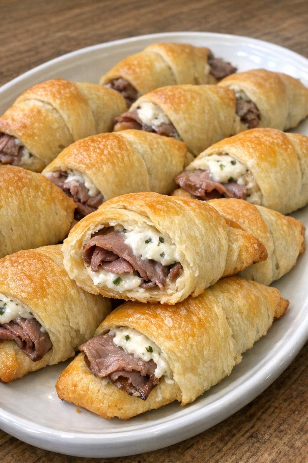 Golden brown crescent bites with roast beef and creamy cheese on a white platter