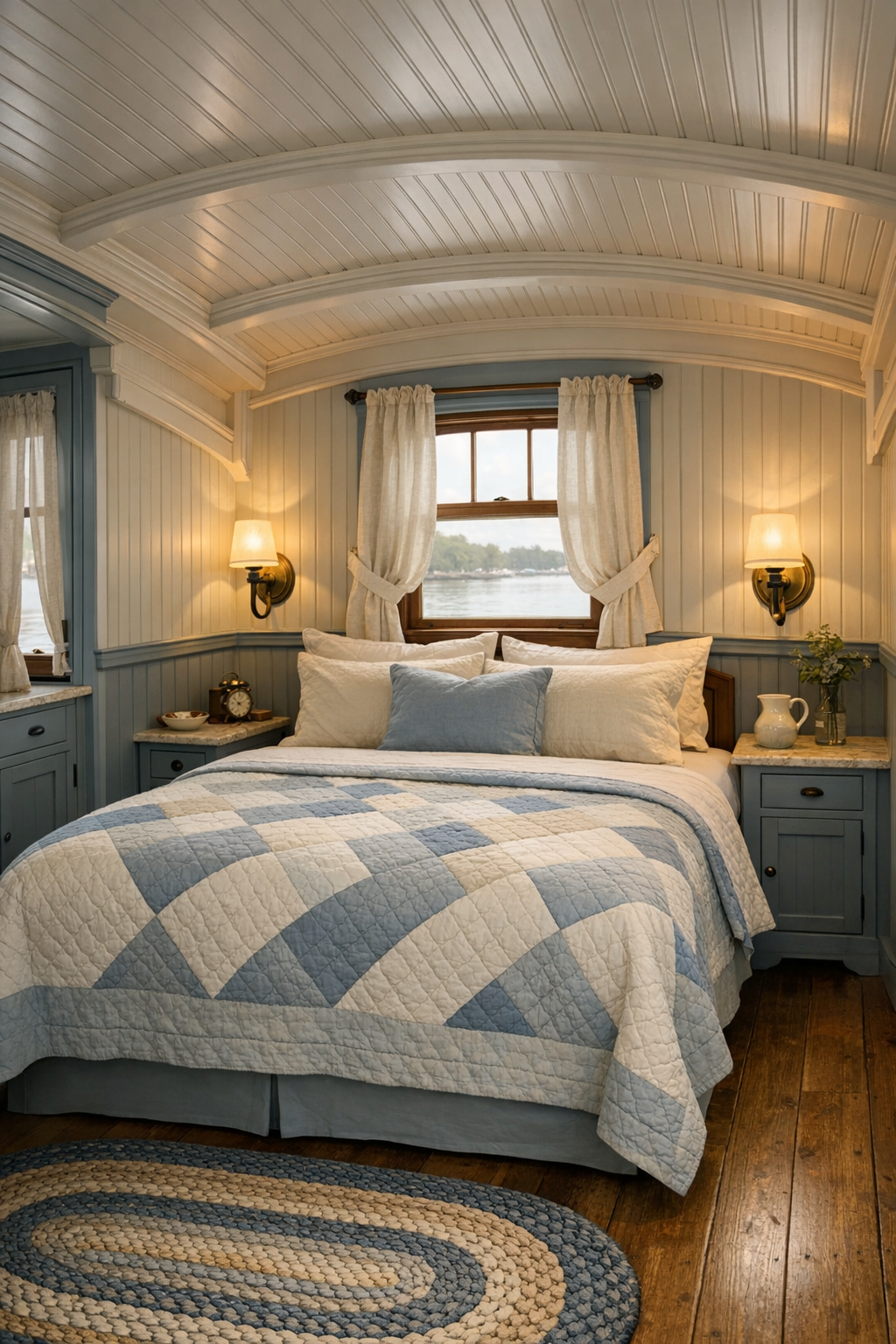 Victorian houseboat bedroom with linen drapery, painted wood trim, quilted bedding, and soft blue-gray tones