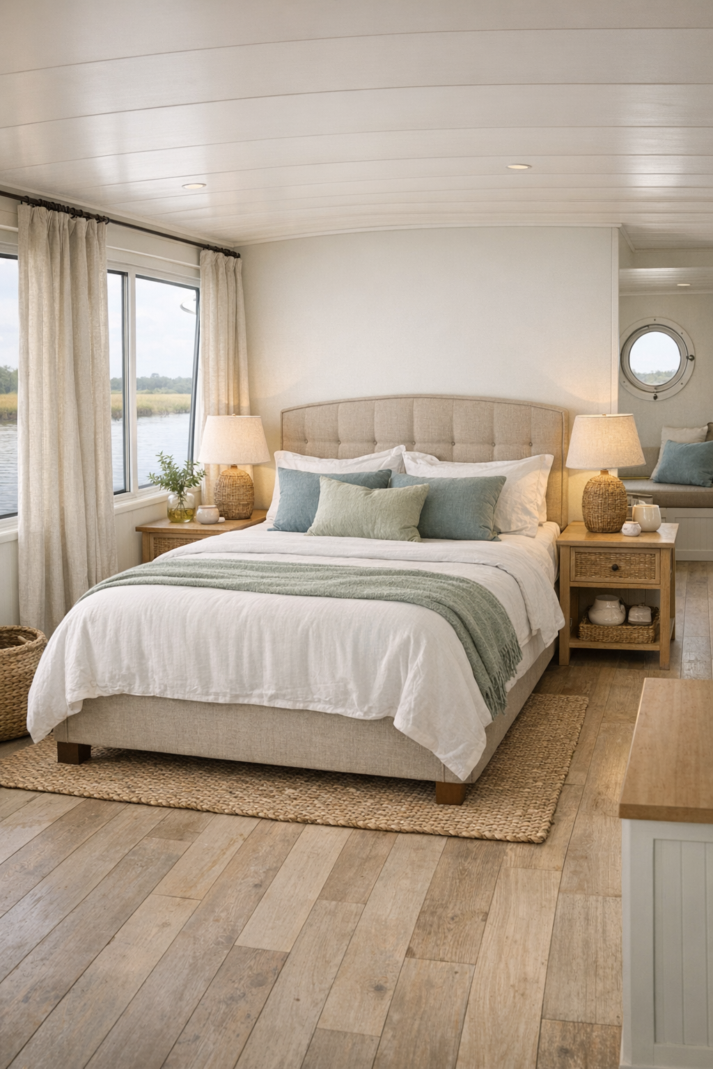 Serene bedroom with layered neutral bedding, woven textures, and soft coastal colors