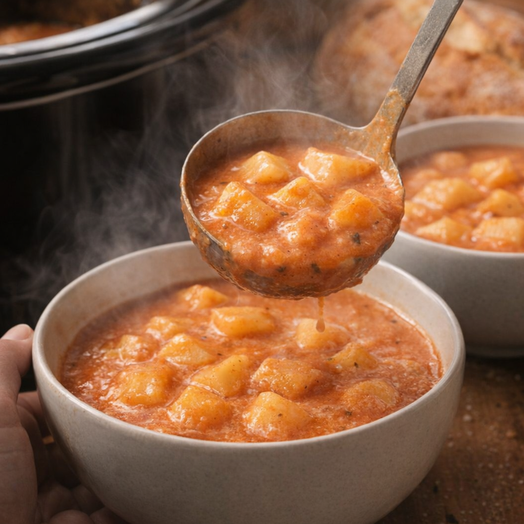 Finished potato tomato soup being ladled into bowls