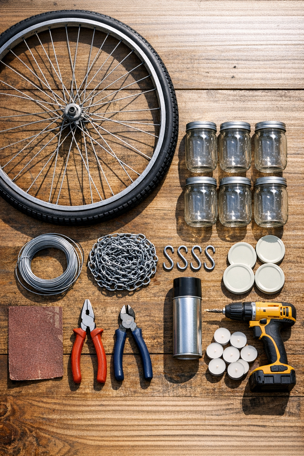 Materials for a bicycle wheel mason jar candle chandelier laid out on a work surface