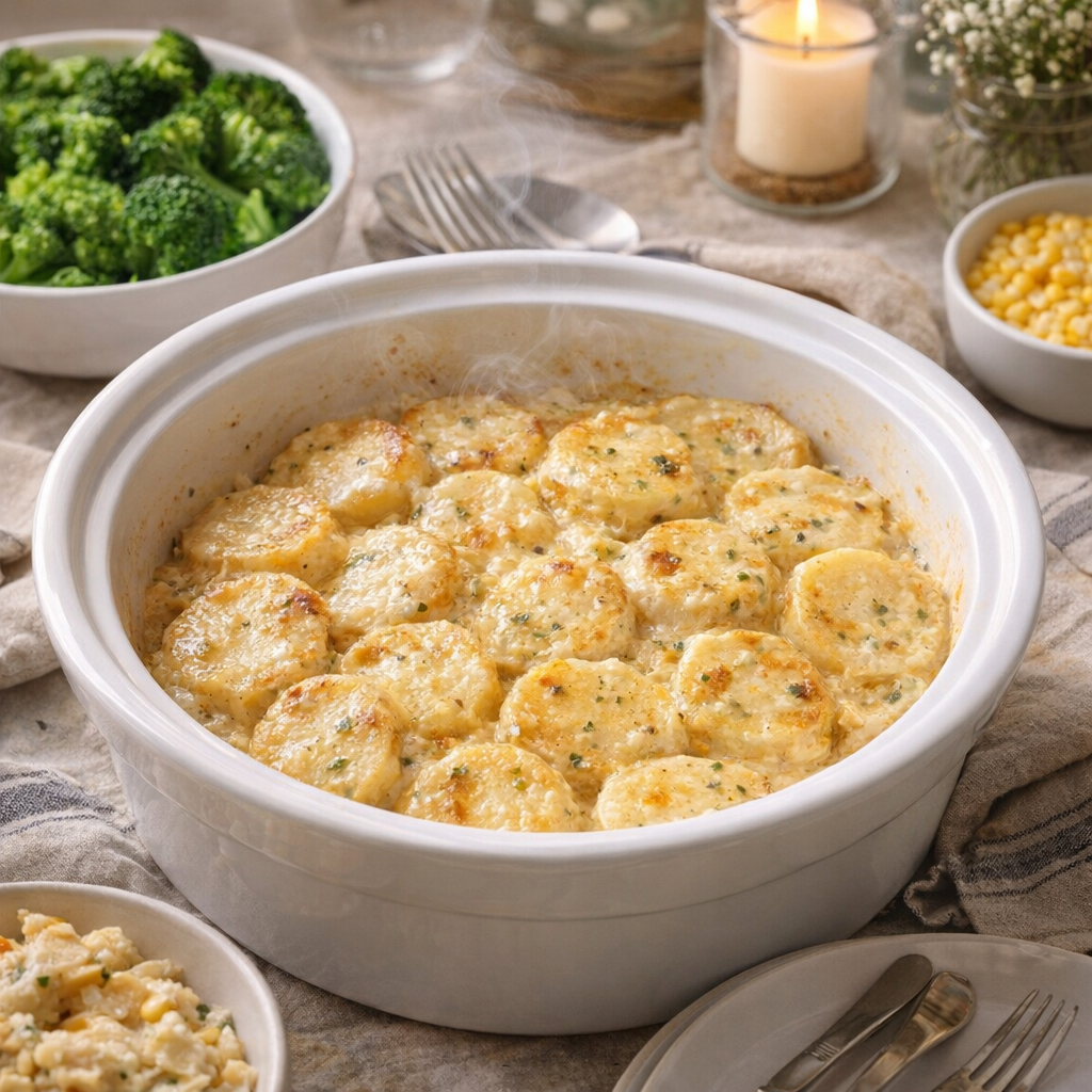 Creamy slow cooker potatoes served at a holiday table