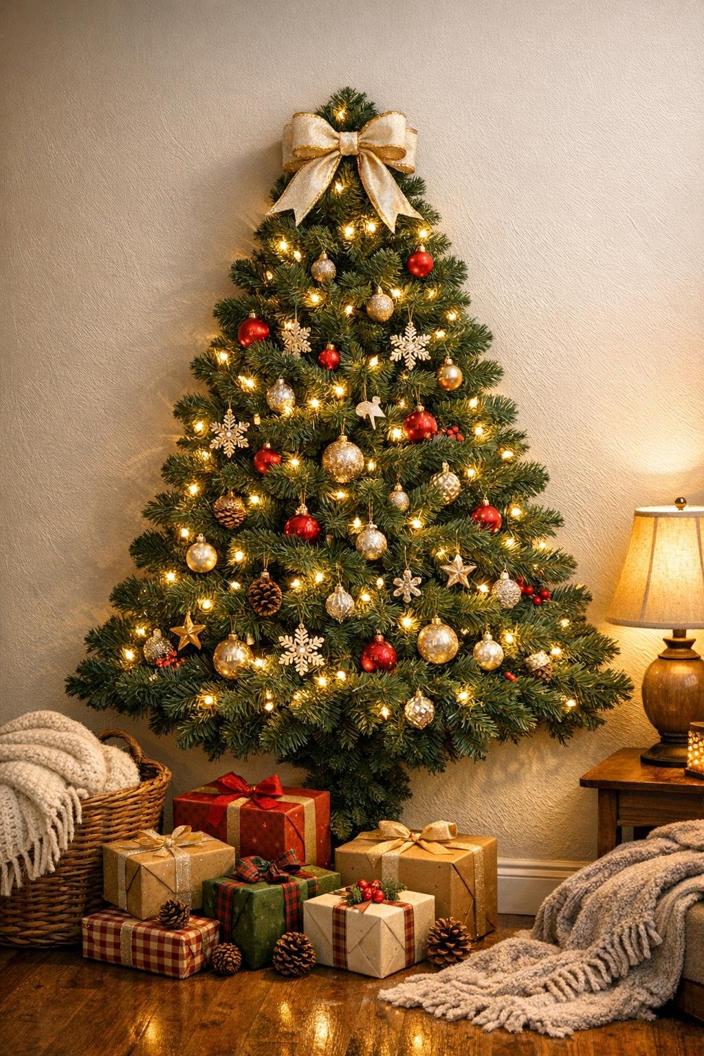Finished flat-back wall tree made from an old fake Christmas tree