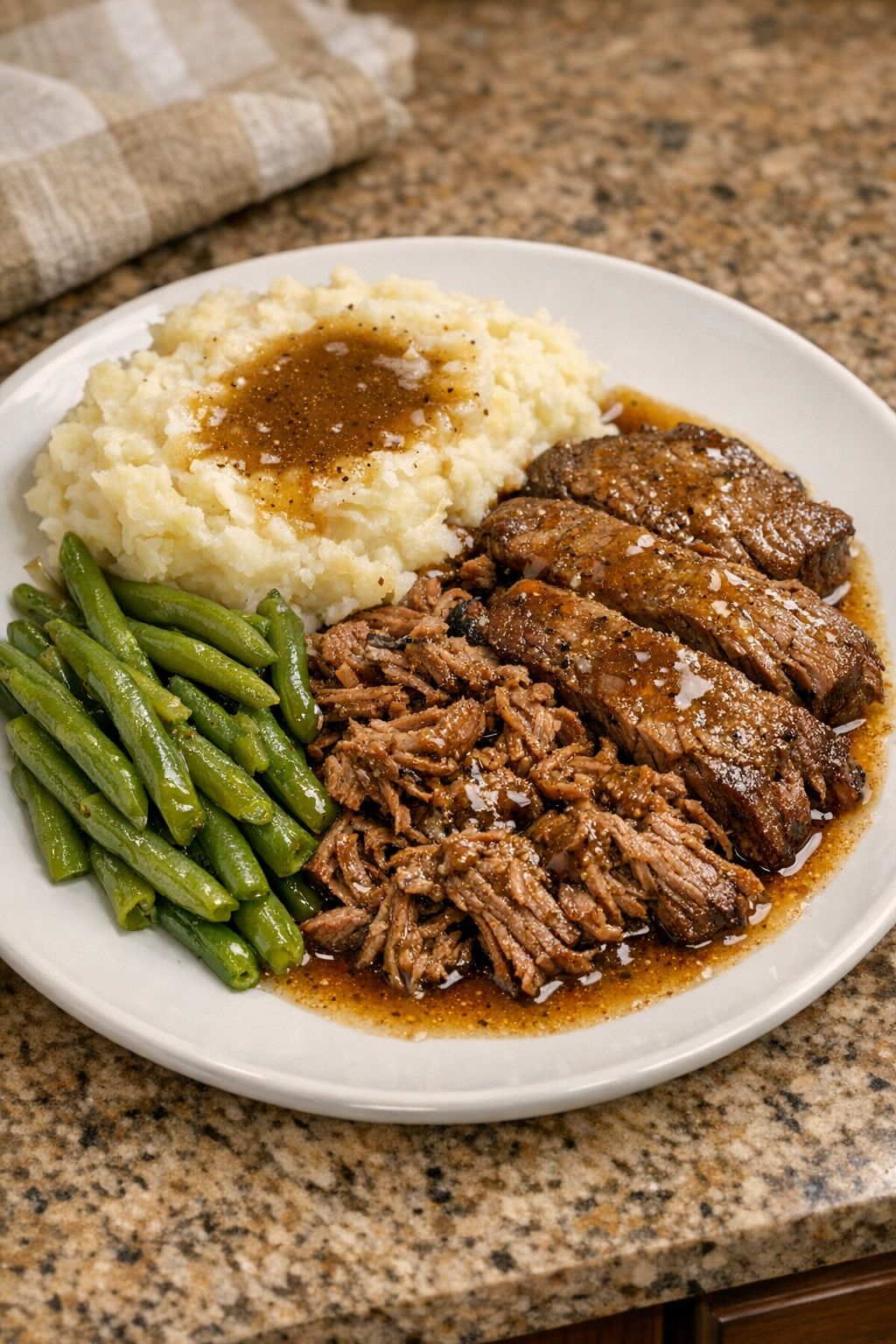 Finished Amish allspice beef plated with cooking juices