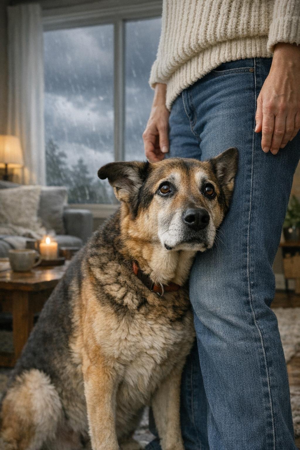 Senior dog leaning close to legs in a living room during a storm