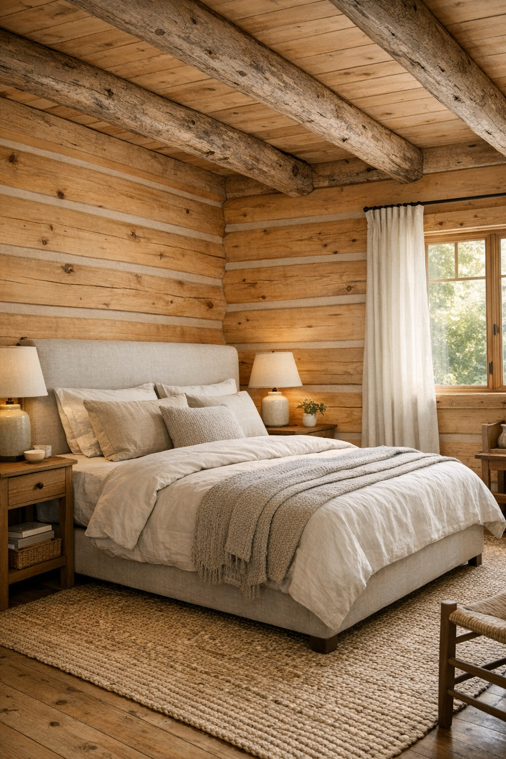 Serene log home bedroom with linen bed and layered neutral textiles