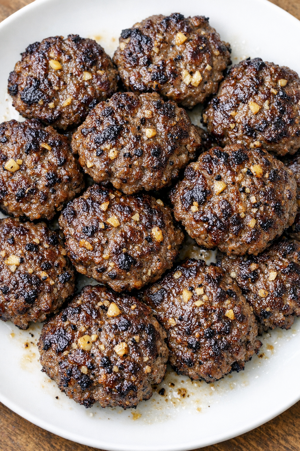 Low carb 4-ingredient garlic beef patties on a white plate