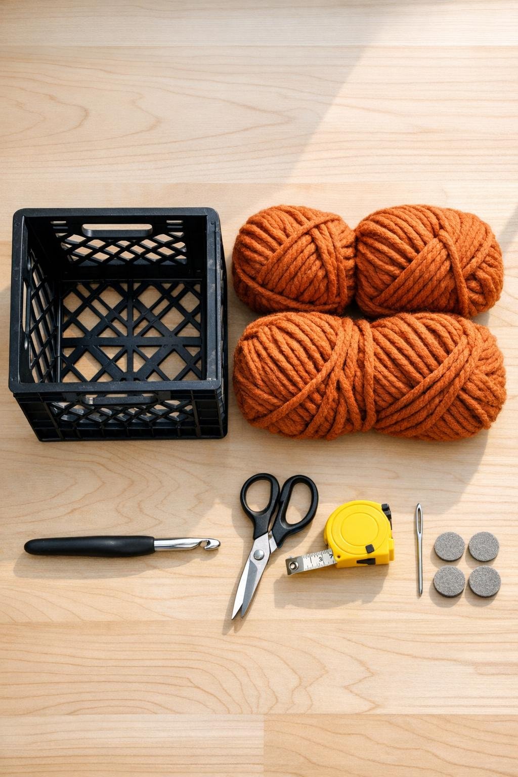 Materials for a crochet-covered milk crate basket laid out on a table