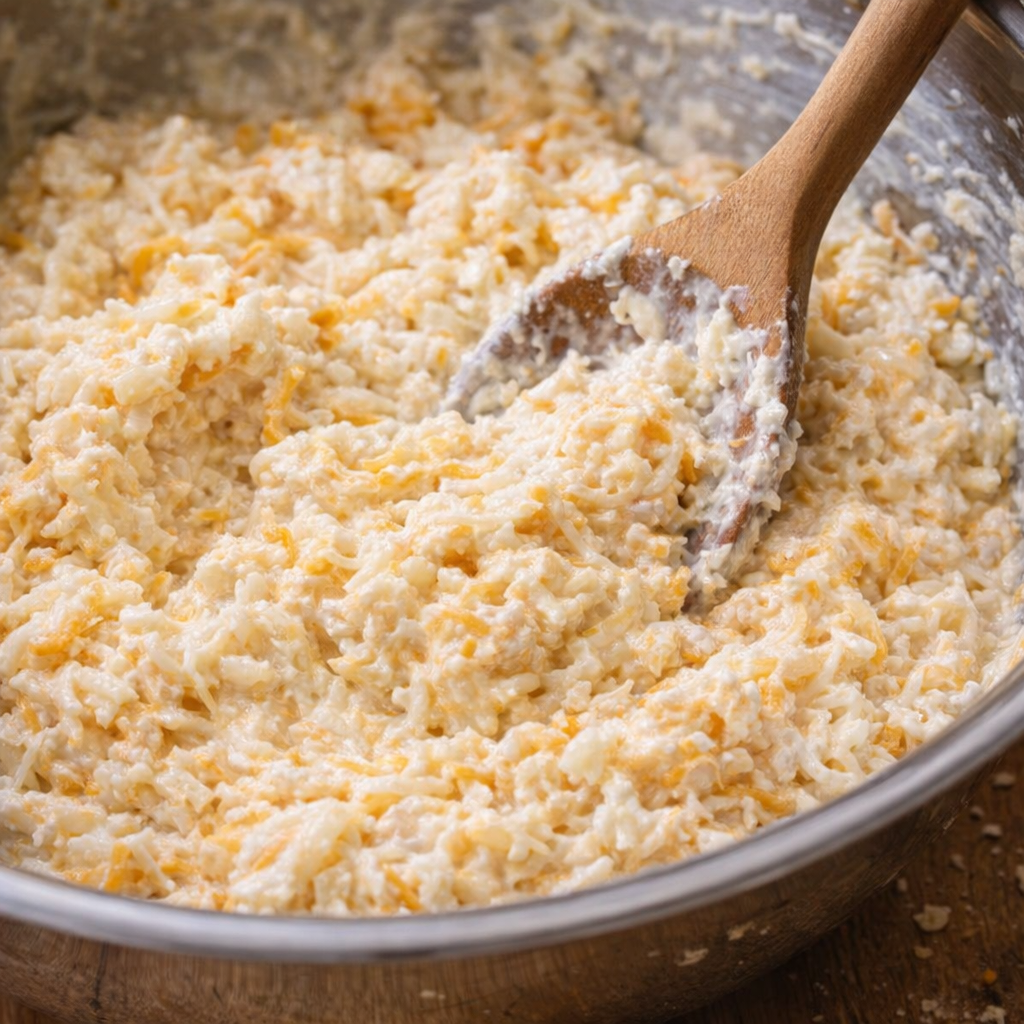 Thick hashbrown casserole mixture being stirred in a large mixing bowl