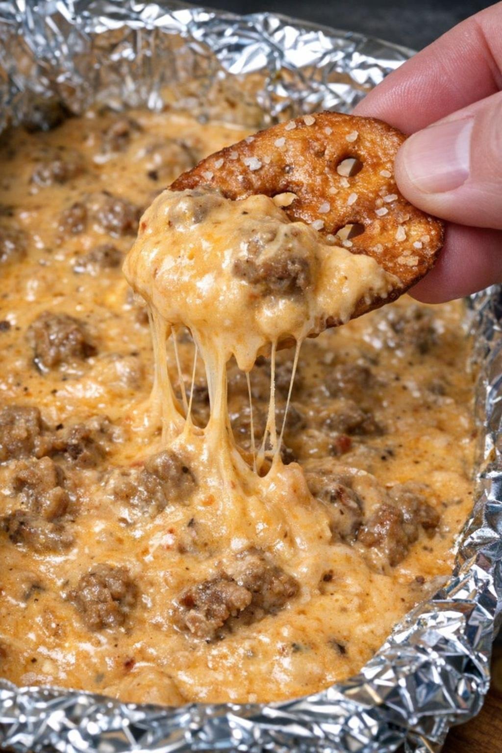 Cheesy sausage dip with a pretzel crisp scooping it up