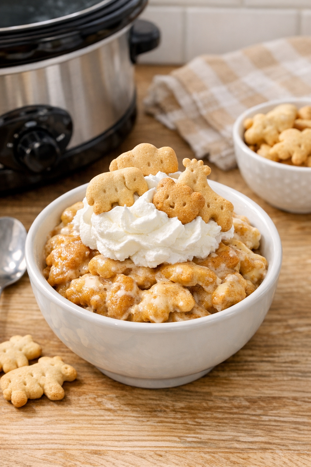 Finished animal cracker slow cooker dessert in a serving bowl