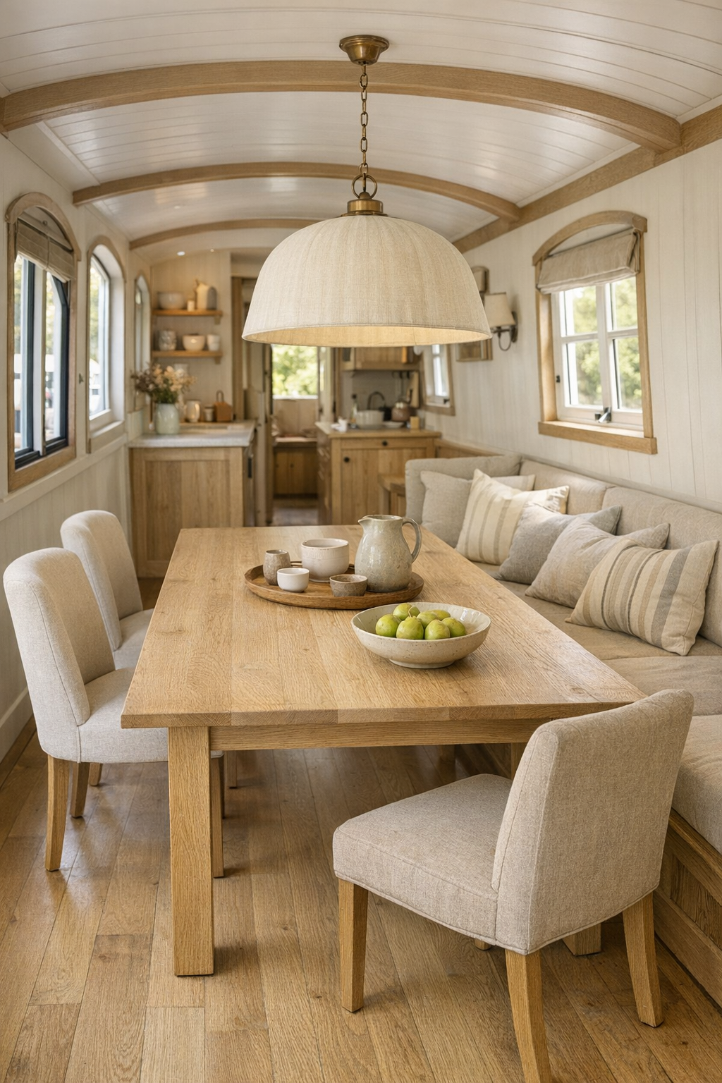 Accessible French country dining room with oak table, upholstered chairs, and window banquette