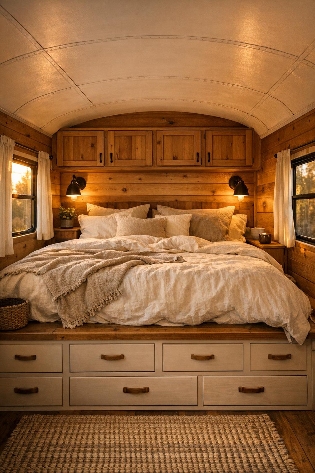 Serene bus bedroom with raised platform bed and linen bedding