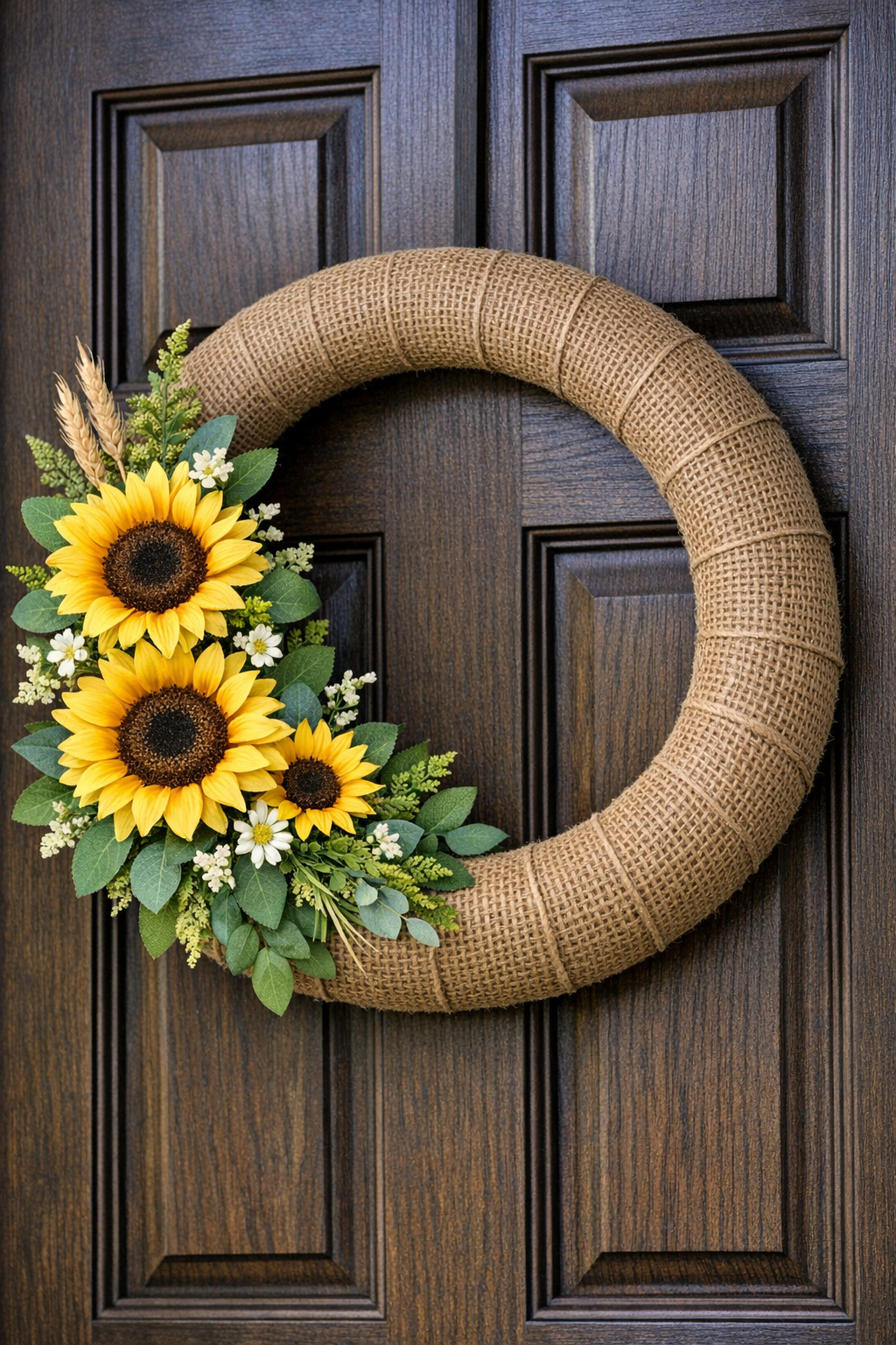Finished pool noodle wreath with burlap ribbon and sunflower florals