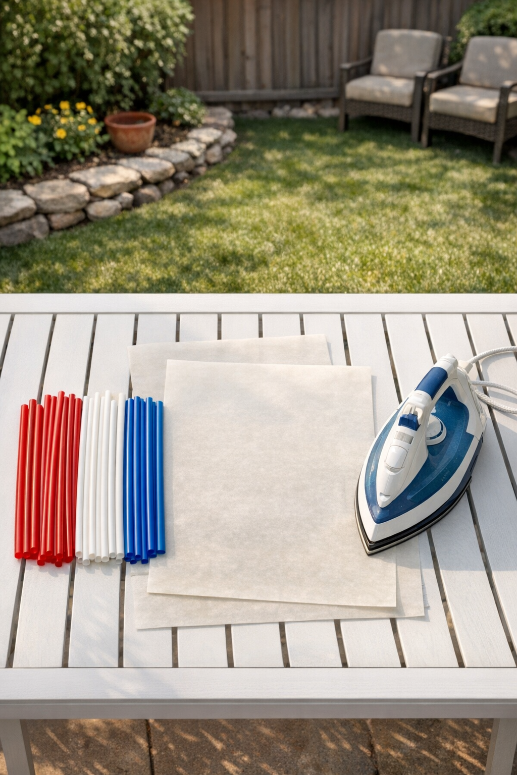 Colorful plastic straws, parchment paper, and an iron set out for the project