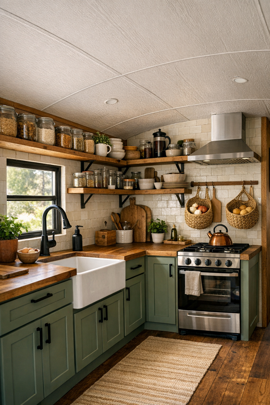 Compact galley kitchen in a converted bus with green cabinets and butcher block counters
