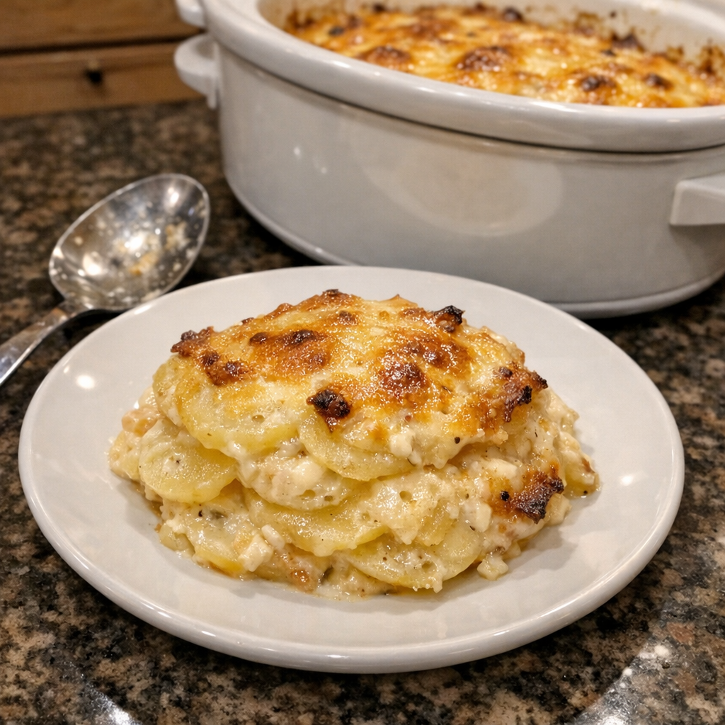 Finished layered potatoes plated from a white slow cooker with creamy sauce and browned cheese