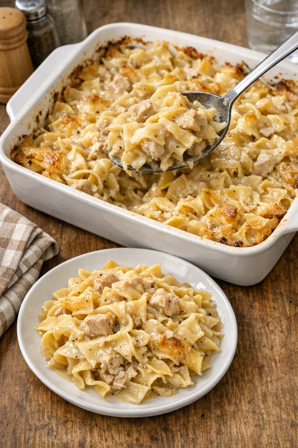 Finished baked turkey gravy noodles in a casserole dish