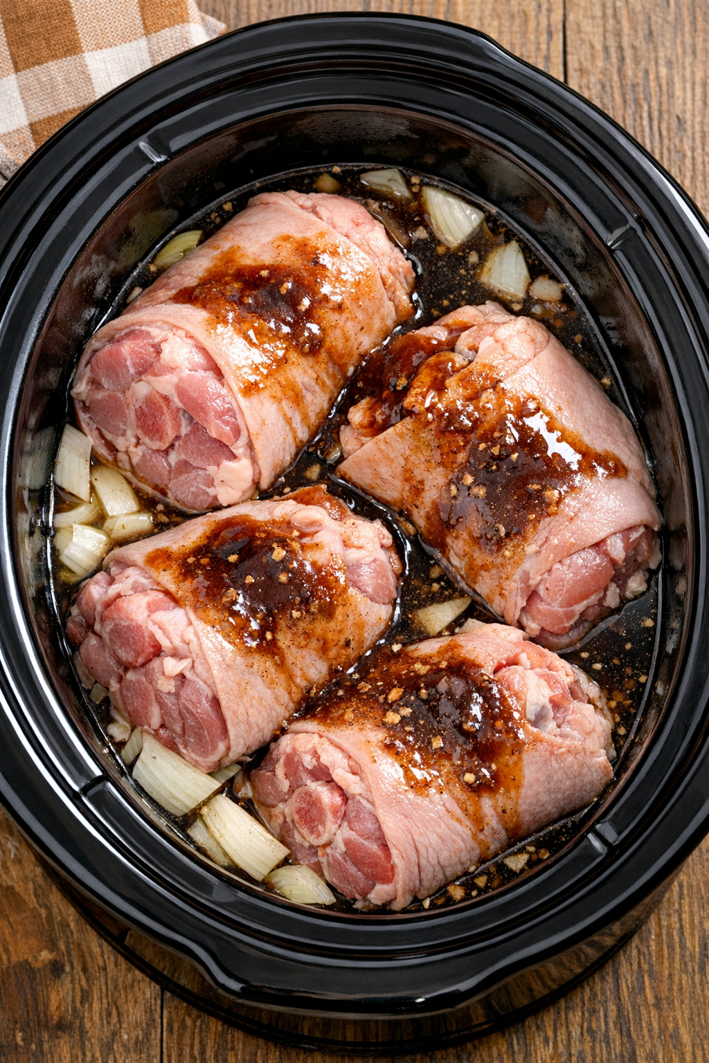 Pork hocks covered with sauce before cooking