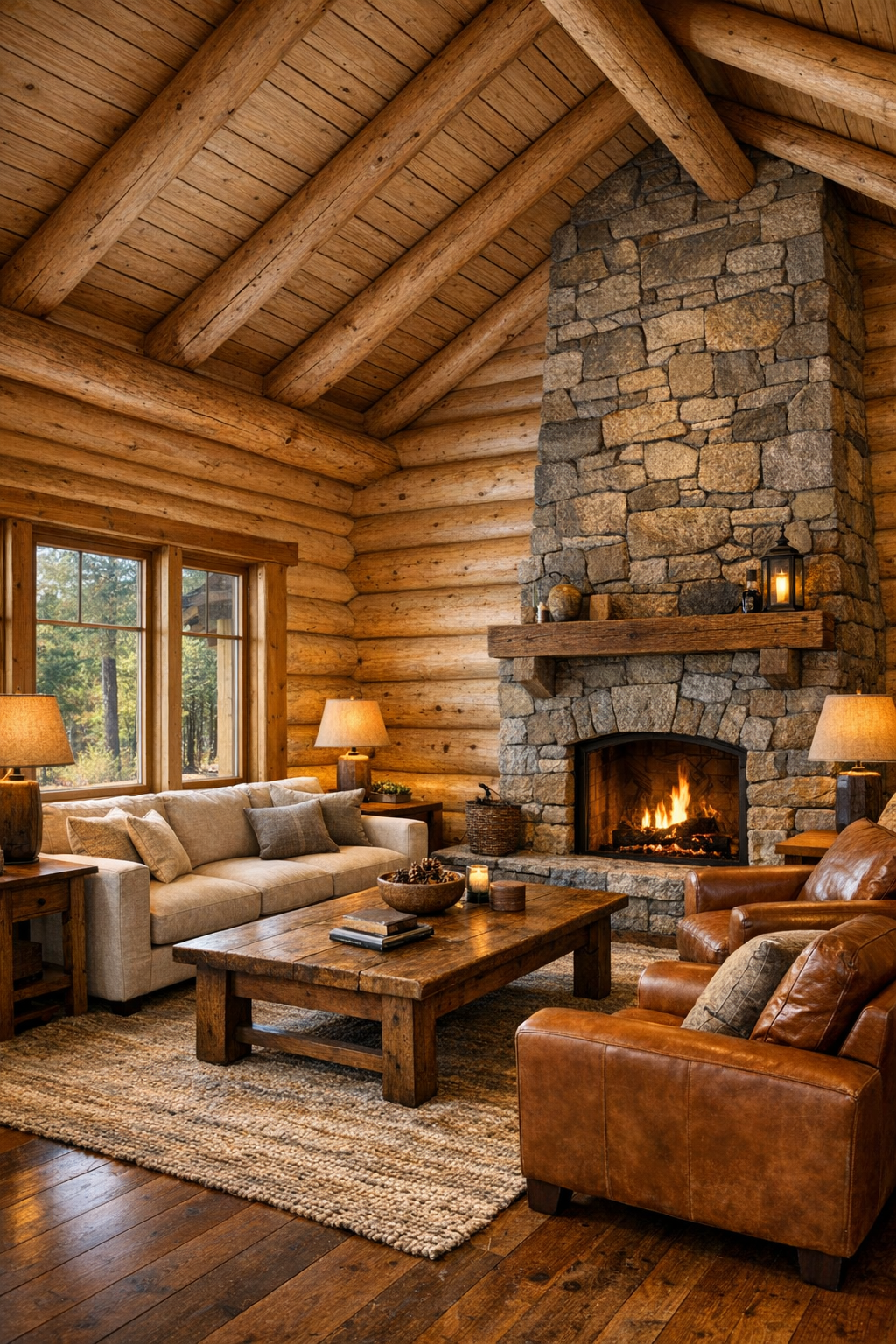 Warm log home living room with stone fireplace and vaulted wood ceiling