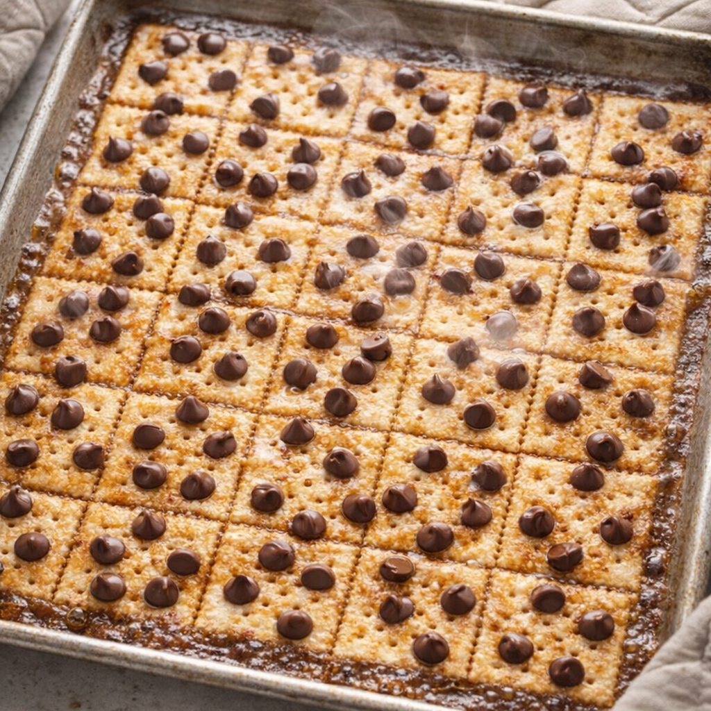 Freshly baked toffee crackers covered with melting chocolate chips