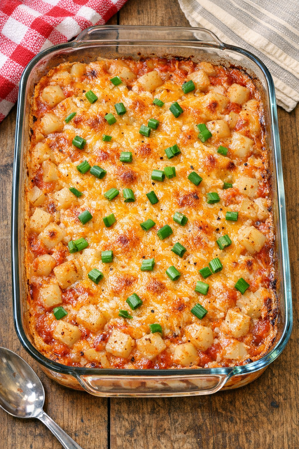 Finished cheesy potato casserole in a glass baking dish