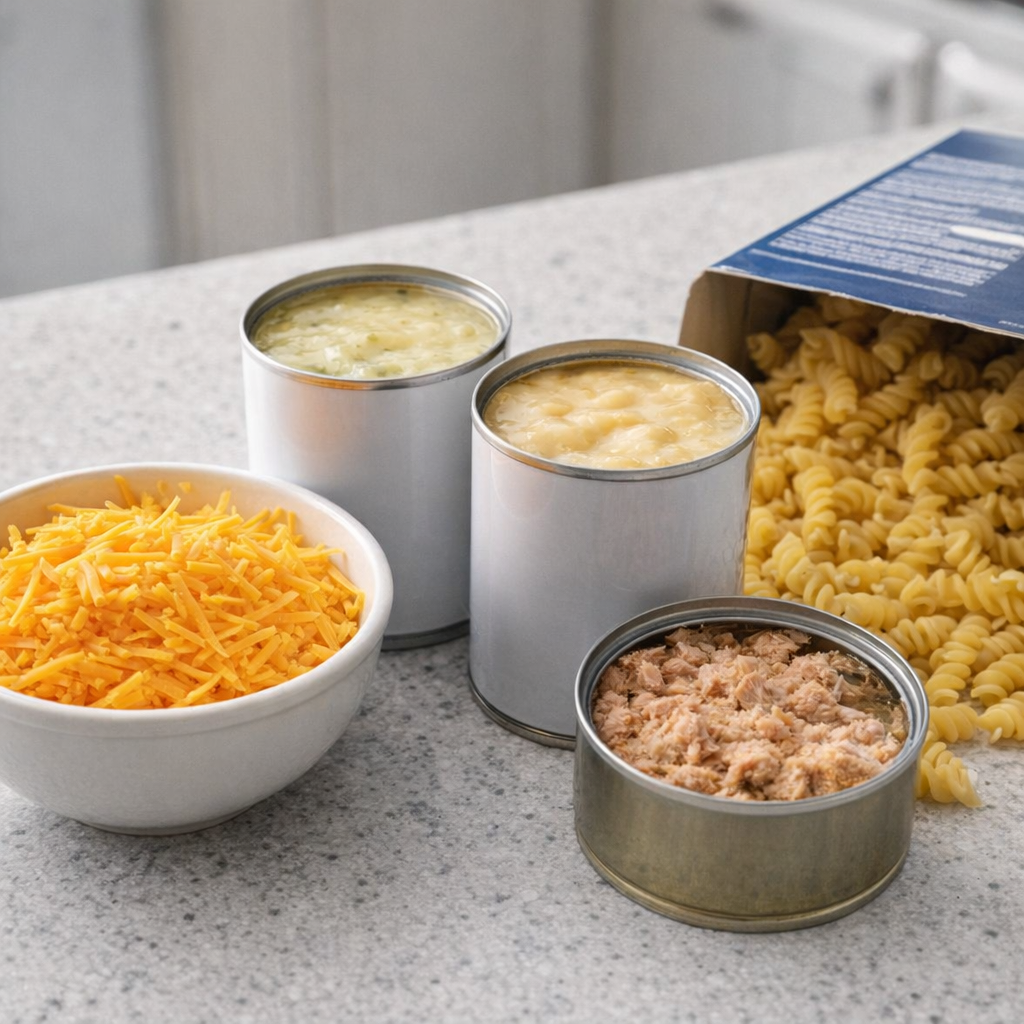 Different casserole ingredient variations on a countertop